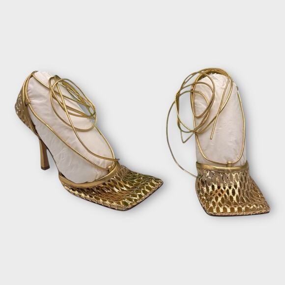Womans Stretch Mesh Ankle Tie High Heel Sandals In Gold Size 37 - Picture 9 of 12